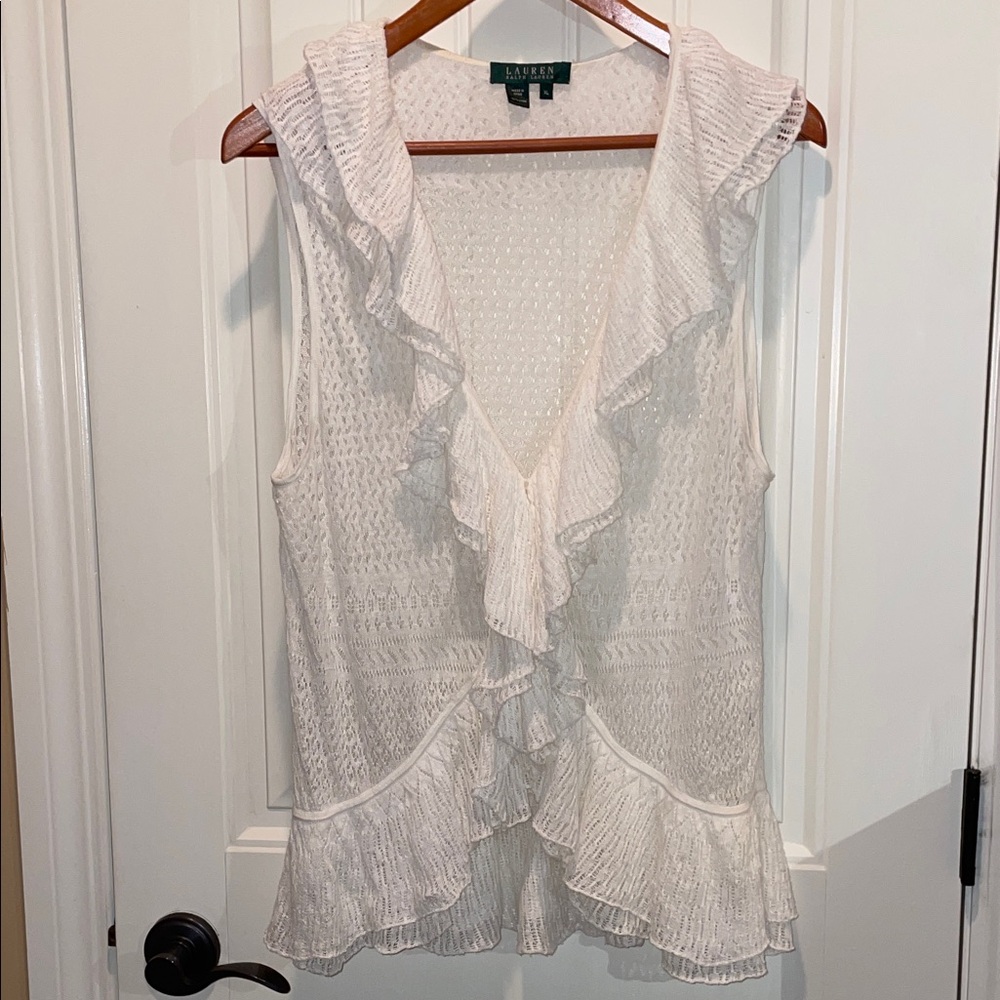 Lauren Ralph Lauren XL White Sleeveless  Ruffled V-Neck Sweater Vest